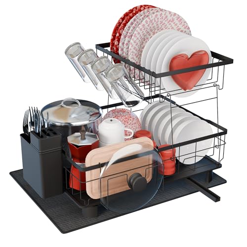 Escurreplatos sobre Fregadero - escurridor de Platos para Fregadero con Alfombrilla escurreplatos y Sistema de Drenaje automático a Fregadero - Fácil Limpieza y Montaje Sin Herramientas (2 Niveles)
