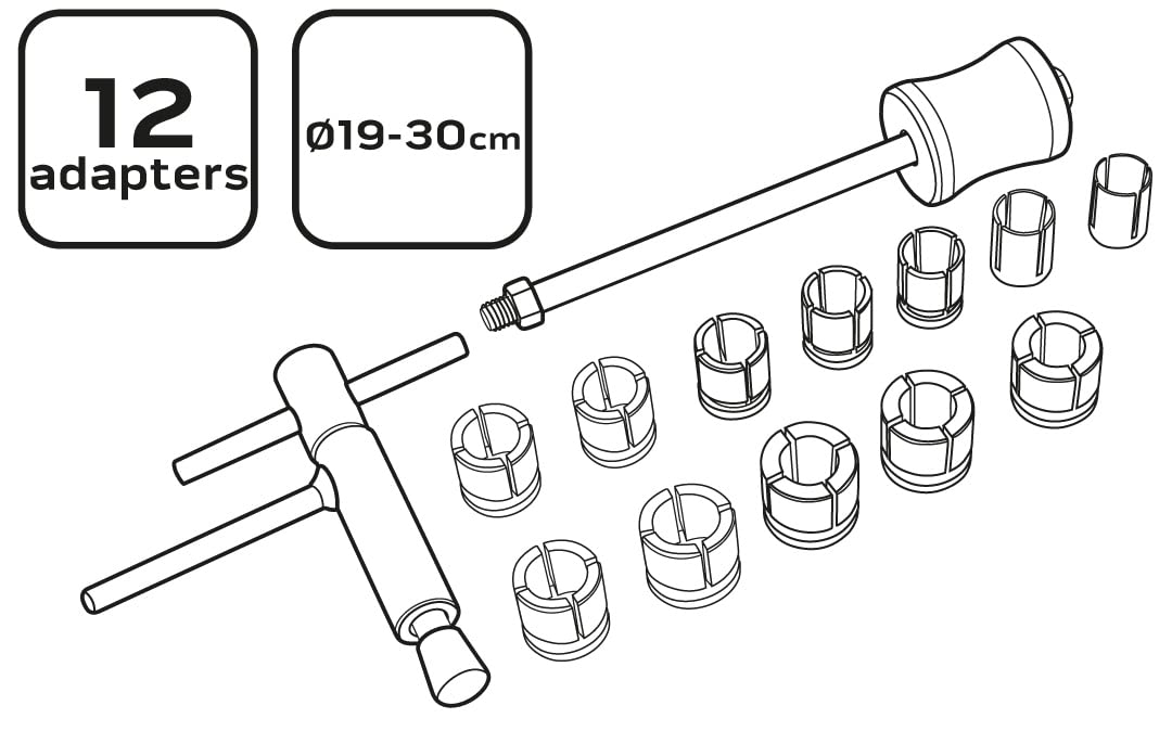 NEO TOOLS Kit d'outils pour piston de frein de moto permettant le démontage des pistons fixes (brûlés). Le kit contient : marteau à inertie, adaptateurs 12 pièces. Tailles : 19 à 30 mm
