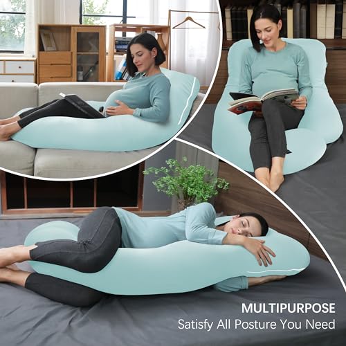 Image of MOON PARK Pregnancy Pillows for Sleeping - U Shaped Full Body Maternity Pillow with Removable Cover - Support for Back, Legs, Belly, Hips - 57 Inch - Ice Blue - Cooling Cover