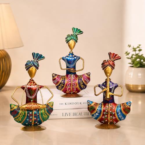 Image of Sitting Sardar Set of 3 Handcrafted Rajasthani Musician Figurines | Traditional Indian Folk Art Showpiece for Home Decor, Living Room, Office Table, Shelf Decoration & Gift Item