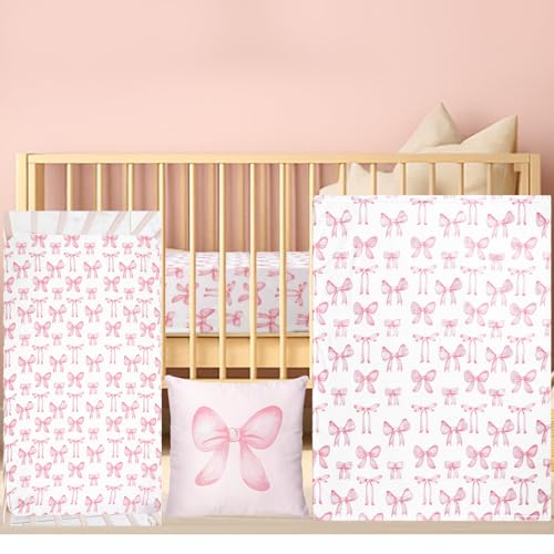 HunnmingRe Baby Pink Bow Crib Bedding Set 3 Pcs Crib Set Baby Blanket, Fitted Sheet, Pillowcase Soft Flannel Nursery Bedding for Standard Infant Bed...