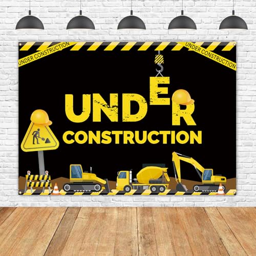WHPCT Under Construction Theme Birthday Party Photography Backdrop,Baby Boys Indoor Outdoor Birthday Decor Banner Vinyl,Dump Truck Birthday Background Cake Table Boy Birthday Decorations.7x5ft