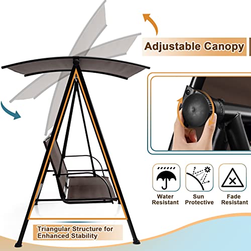 Image of Tangkula 2 Person Porch Swing, Patio Swing with Adjustable Canopy, Comfortable Fabric Seat & Heavy-Duty Steel Frame, Outdoor Canopy Swing for Patio, Garden, Poolside (Dark Brown)