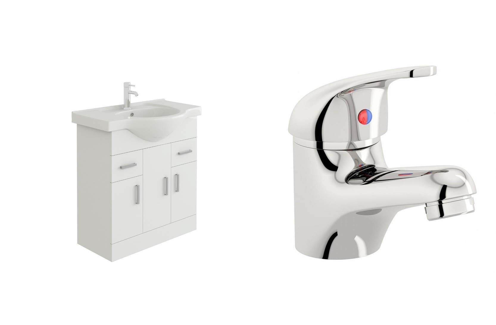 VeeBath Linx 750 Vanity Unit with Ceramic Wash Basin Sink and Mono Mixer Tap, Floor Standing, Soft Close Doors Bathroom Storage Cabinet- White (Flat Pack)