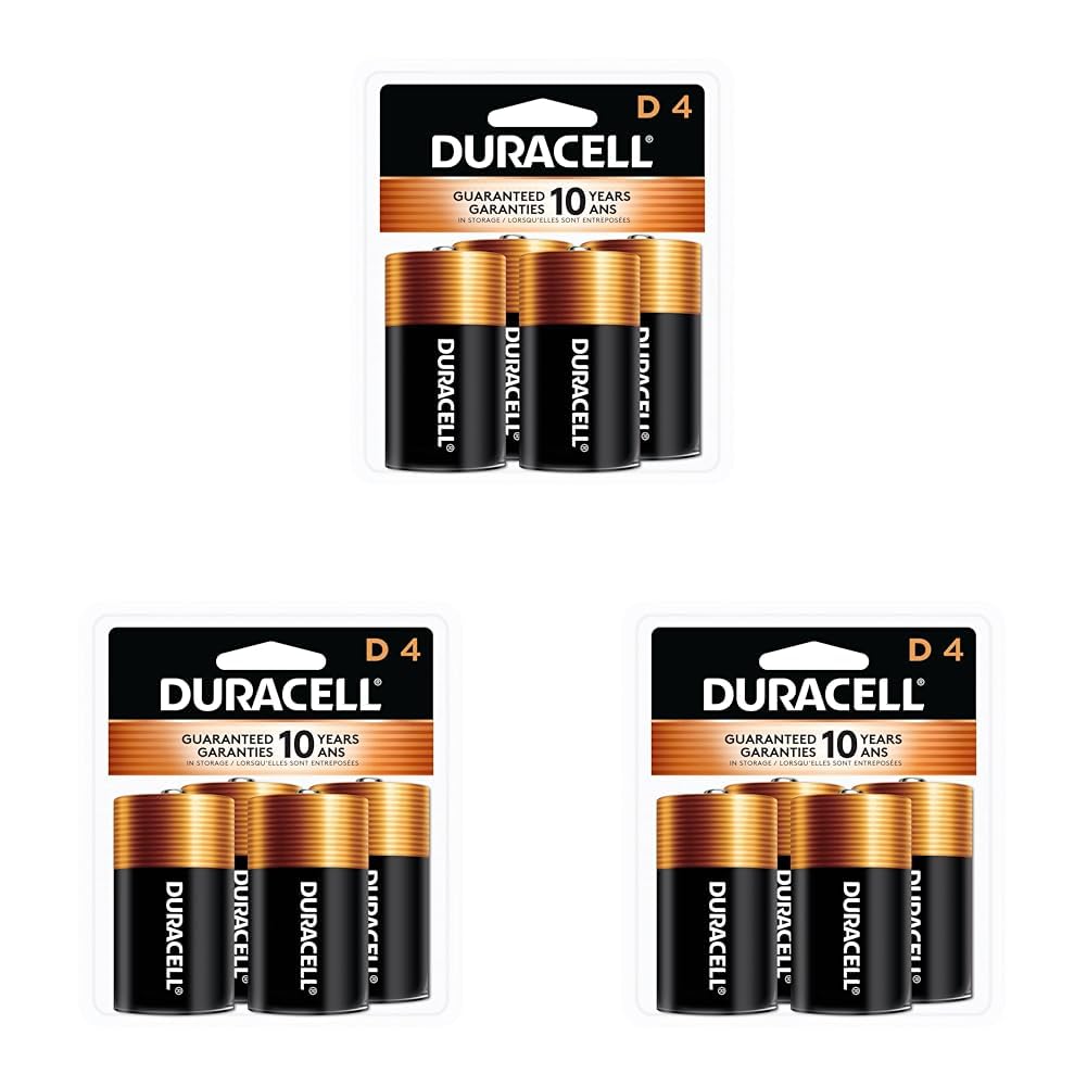 DURACELL Coppertop D Batteries, 4 Count (3 Pack), D Battery with Long-Lasting Power, All-Purpose Alkaline Battery for Household and Office Devices