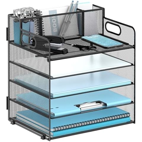 JMHUD 5-Tier Paper Letter Tray Organizer with Pen Holder, Mesh Desk Organizer with Handle, File Sorter Office Supplies for Desk, Black Cover