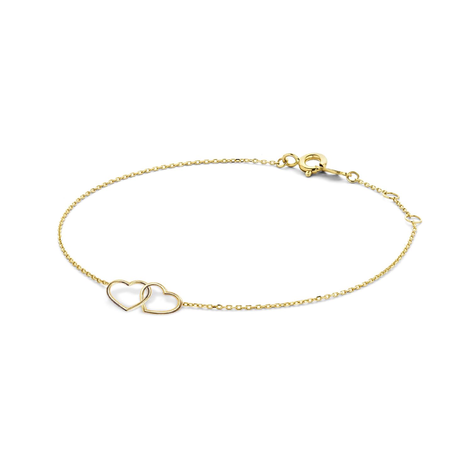 JACKIE GOLD Schmuck Damen | 14 Karat / 585 Echt Gold Armband | Double Heart Bracelet JKB23.049 | 16 – 17 – 18 cm Länge verstellbar | Armkette mit Herzen
