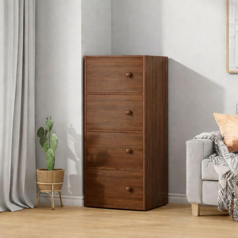 Image of EXVITO Engineered Wood Wardrobe for Bedroom | Foldable 4 - Shelf Wooden Storage Cabinet | Cupboard Almirah for Clothes | Collapsible Wardrobe | Space Saving Wooden Cabinet - WALLNUT