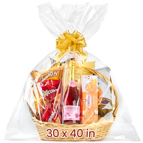 Ohuimrt 30 x 40 Inch Extra Large Cellophane Gift Bags, 6 PCS Clear Plastic Cellophane Wrap for Gift Baskets Baby Shower Birthday Wedding Party favor