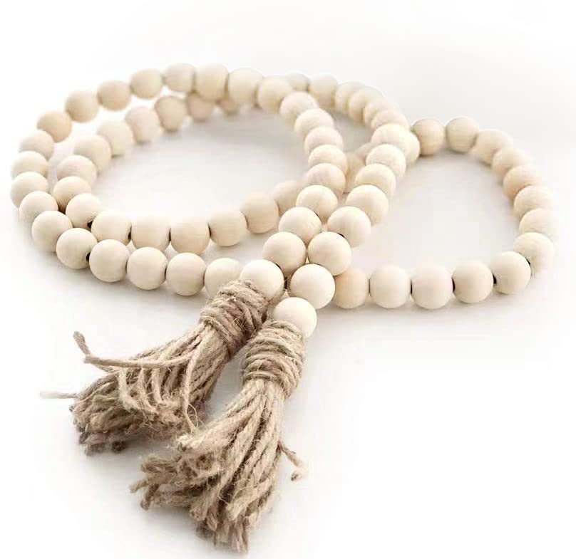 SHOWAY58in Wood Beads Garland Farmhouse Beads - Natural Prayer Wood String Beads Decorative Beads for Wall Hanging Vase Handle Door Decor