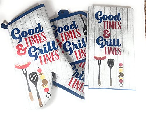 4 Kitchen Set -Oven Mitts and Pot Holders Sets with Kitchen Towels,- Heat Resistant Oven Gloves,Soft - -,Multi-Function Potholders Perfect for Cooking , Baking (4pcs) Good Times and Grill Lines