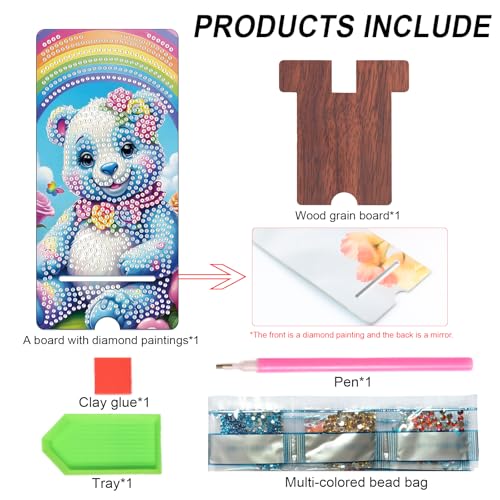 Image of Bear in Rainbow Diamond Painting Phone Stand with Mirror, DIY Wooden Diamond Art Desktop Holder, 2-in-1 Diamond Painting Tabletop Ornament - Phone Stand and Mirror for Home and Office