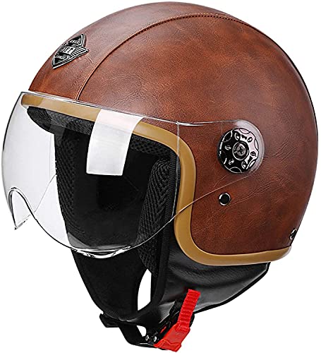 ZLYJ Casque De Moto À Visage Ouvert 3/4 en Cuir Rétro, Homologué ECE avec Demi-Casques De Style Vintage, pour Casque De Scooter Vélo Cruiser Chopper...