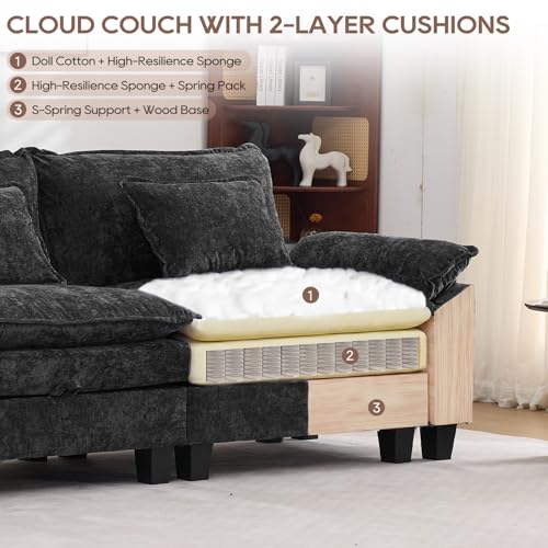 Image of IPKIG 151 inch Modular Cloud Couch with Storage, U Shaped Sectional Sofa | 4 Seater Black Chenille Deep Seat Sectional Couches with Ottoman and Pillow for Living Room, Apartment