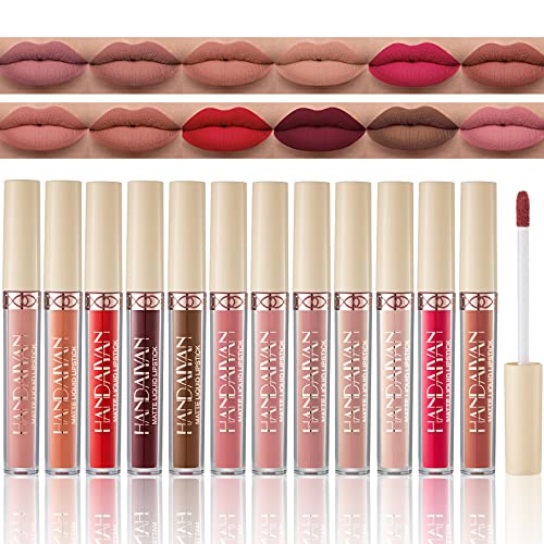 DAGEDA Liquid Lipstick Set,12 Colors Matte Velvety Liquid Lipstick Kit,Waterproof Long Lasting Lip Glaze&Non-Stick Cup Liquid Lipgloss Moisturizing Matte Lip Beauty Cosmetics Makeup Gift,Girls Women