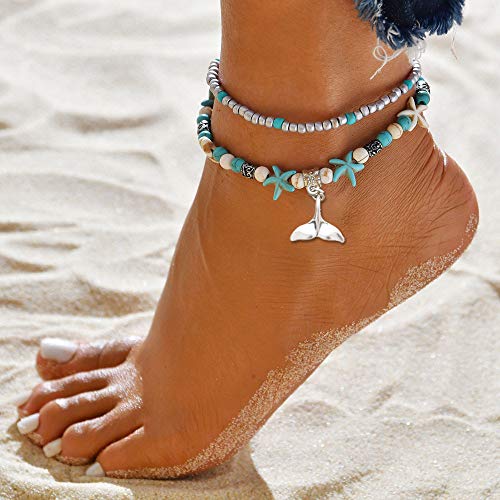 Image of Softones Blue Starfish Turtle Anklet Multilayer Charm Beads Sea Handmade Boho Anklet Foot Jewelry for Women