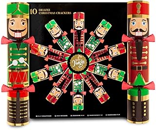 10 Deluxe Christmas Crackers - 10 Red and Green Nutcracker 14" Crackers with Party Hat, Joke, Quote and Deluxe Gift Inside Each - Eco Crackers as Christmas Table Gift or Cracker for Christmas Tree
