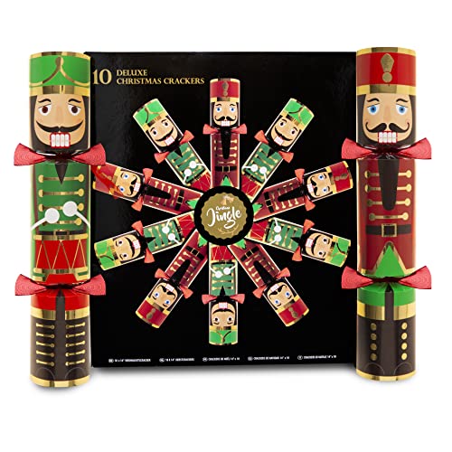 abeec 10 Pack Deluxe Christmas Crackers - 10 Red And Green - 14 Inch Recyclable Nutcracker Christmas Crackers with Cracker Hats, Snaps, and Jokes - Perfect Christmas Table Decoration
