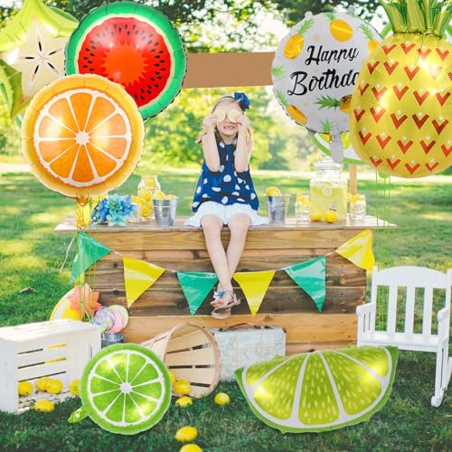 Image of Rozi Decoration Fruit Theme Foil Balloon Set for Kids Birthday Decoration - Pack of 5 with Pineapple, Watermelon, Orange and Happy Birthday Round Balloon