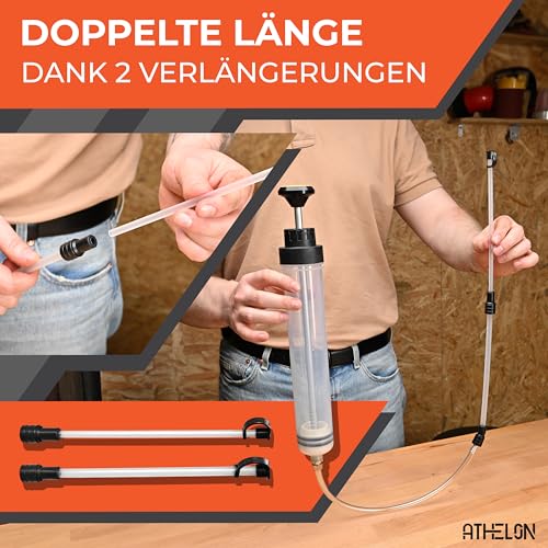 ATHELON® Ölabsaugpumpe [Spritze 500ml] - Universelle Absaugpumpe für Getriebeöl, Frostschutzmittel, Wasser oder Ölwechsel bei Auto & Co. - Ölspritze inkl. Schlauch & Verlängerungen