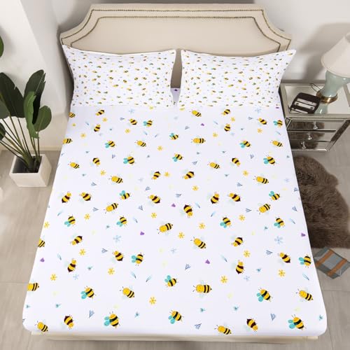 Erosebridal Honey Bee Fitted Sheet,Queen Rustic Honeybee Bed Sheets for Kids Boys Girls,Rustic Flower Bed Cover,Farmhouse Bedding Set with 2 Pillowcases Bedroom Decor