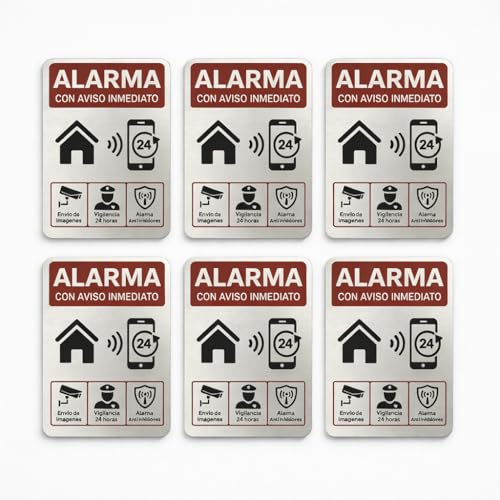 [6 UDS] Placas Adhesivas Aluminio Disuasorias Seguridad Exterior Resistente Agua Aviso Alarma Inmediato Puerta Ventana Buzón Cartel Antirrobo Hogar Oficina Pack Completo Movimiento Anti Inhibidores