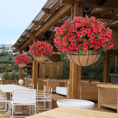 Image of Bassion Artificial Hanging Silk Flowers for Outdoors with Basket, Red
