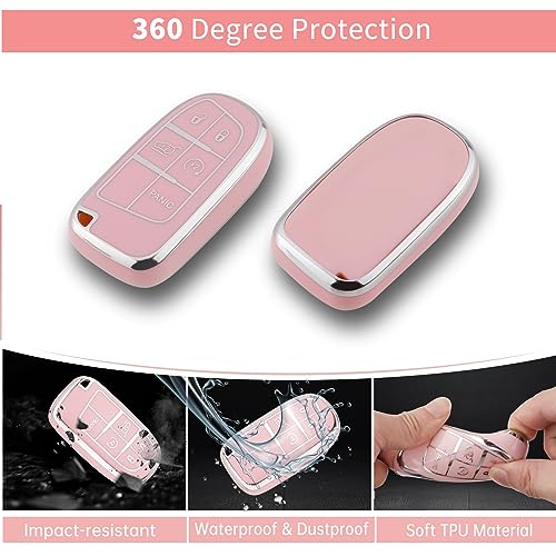 Image of Pangpai Pink Key Fob Cover for Jeep, Soft TPU Key Case Protection with Bling Keychain Fit for Jeep Grand Cherokee Renegade Wrangler Patriot Grand Commander