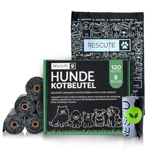Rescute Hundekotbeutel Biologisch Abbaubar & Kompostierbar | 120 Extra Starke & Reißfeste Hundebeutel | Hergestellt mit Maisstärke | Öko Kotbeutel für Hunde | 8 Rollen