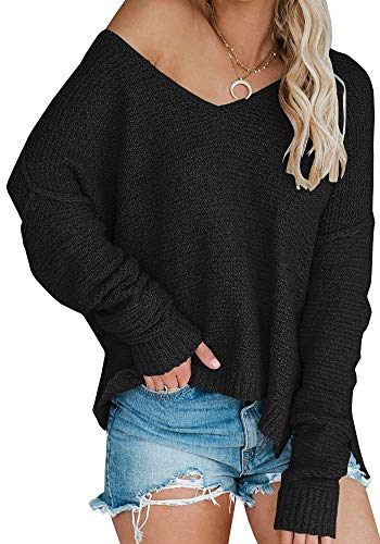 LAICIGO Women's Off Shoulder Sweater Batwing Sleeve Loose Oversized Pullover Knit Jumper Black
