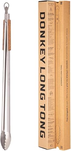 Donkey Long Tong - Pinzas para barbacoa de 32 pulgadas, extra largas, acero inoxidable, pinzas de bloqueo, abrebotellas, asas de madera, pinzas de