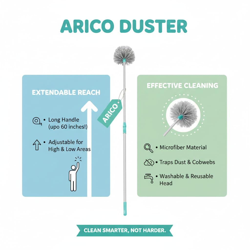 ARICO JALA Broom Cobweb Brush with Extendable Handle Featuring Long Handle for Ceiling and Roof Cleaning Dusting Brush | Soft Bristles for Gentle Yet Effective Dusting | Stainless Steel