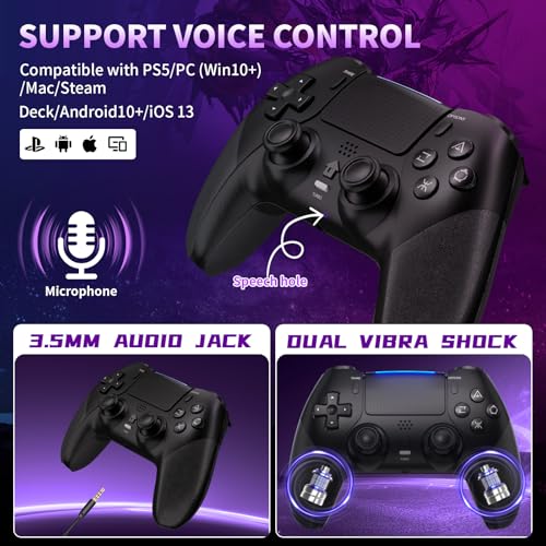 Image of SZDILONG Wireless Controller with Light for PS5 Pro /Slim,MAC,iOS,Steam,PC Windows /Android 10 and Above,Support Hall Sticks /Turbo /Programmable /Microphone /Dual Vibration, with 3.5mm Audio Jack, Black