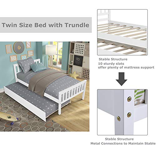 Twin Bed with Trundle Wood Platform Bed Frame with Headboard and Footboard Captains Bed for Bedroom Small Living Space, Wood Slat Support No Box Spring Needed