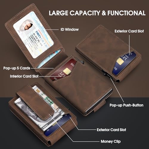 Wallet for Men RFID Blocking Card Holder, Genuine Leather Slim Pop up Card Case, Minimaslit, Front Pocket, 9-13 Card Capacity, ID Window, Money Clip(Coffee)2