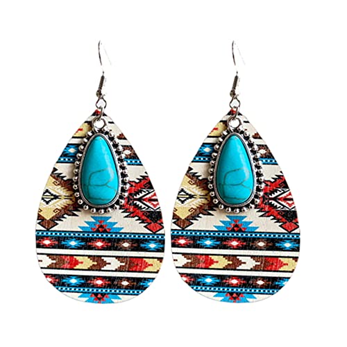 Western Cowgirl Cowboy Wooden Teardrop Dangle Earrings for Women Boho Vintage Turquoise Aztec Pattern Cactus Print Leather Earrings Jewelry