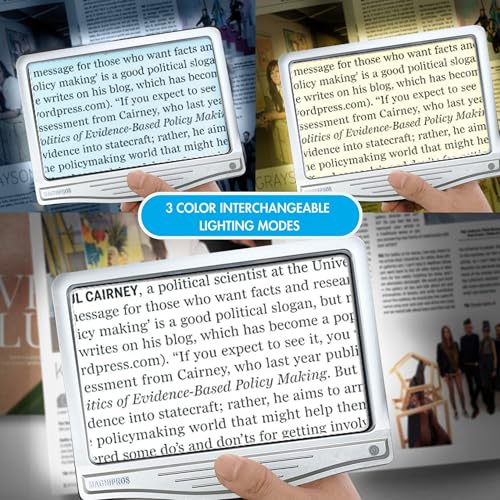 Image of MagniPros 5X [Rechargeable] Large Ultra Bright LED Page Magnifier with Anti-Glare Lens & 3 Stepless Color Light Modes to Relieve Eye Strain-Ideal for Reading Small Prints, Low Vision and Seniors