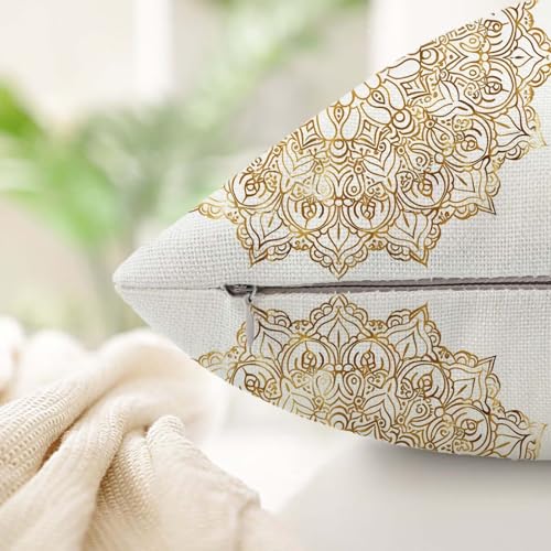 Housse de coussin 80x80cm dorée en lin avec impression double face Datura