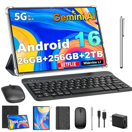 Image of Gemini AI Android 16 Tablet with Keyboard, 2026 10 inch Tablet (Black) | 26GB+256GB+2TB Expand, Electronic Tablet PC with 8-Core, 5G WiFi, 8000mAh, GPS, GMS, 2 in1 Tablet with Case, Mouse, Stylus