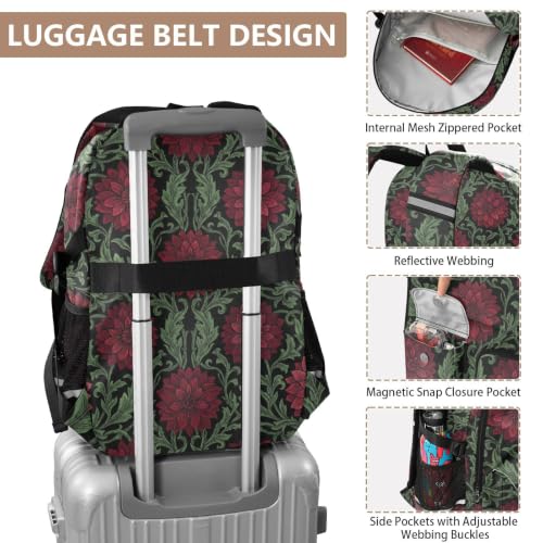 Mochila de viaje para laptop William Morris de dalias rojas y fondo negro escolar 4