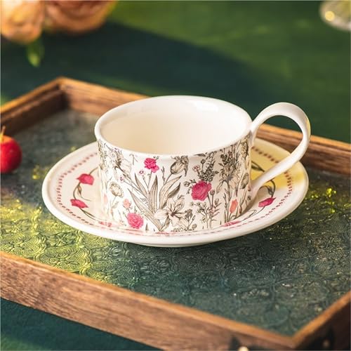 コーヒーグラス コーヒー カップ&ソーサー 電子レンジ対応 210ml 陶器製 清新田園風 コップ 耐熱 朝食カップ 家庭用 洗浄機対応 牛乳 お茶 コーヒー 紅茶の時間 ギフトにも適 おしゃれな植物花柄(スタイル3)