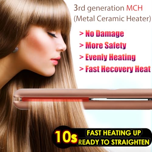 Image of NITION Ceramic Tourmaline Hair Straighteners LCD Flat Iron MCH 10s Fast Heating Up. 1 inch Smooth 3D Floating Plate Healthy Straightening Tools. Travel Pouch Bag. Dual Voltage. Luxury Gift Box