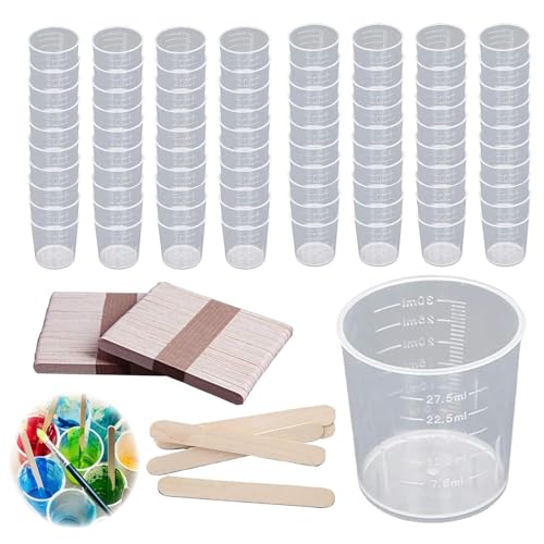 Tkxjry 80 Pz 30 ml Bicchieri Graduati in Plastica,Misurini Graduati Trasparente,30 ml Misurini Liquidi in Plastica,per Casa, Laboratorio, Mestiere in Resina Fai Da Te(con 100 Bastoncini di Legno)
