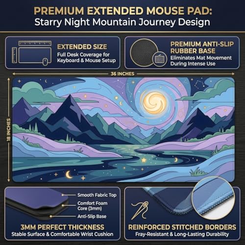 Image of MASI Picks Moonrise Valley Extended Desk Mat 458 x 915 mm| Large Mouse Pad with Stitched Edges | 3mm Thick Desk Pad with Anti-Slip Rubber Base | Smooth Surface for Office, Work & Gaming