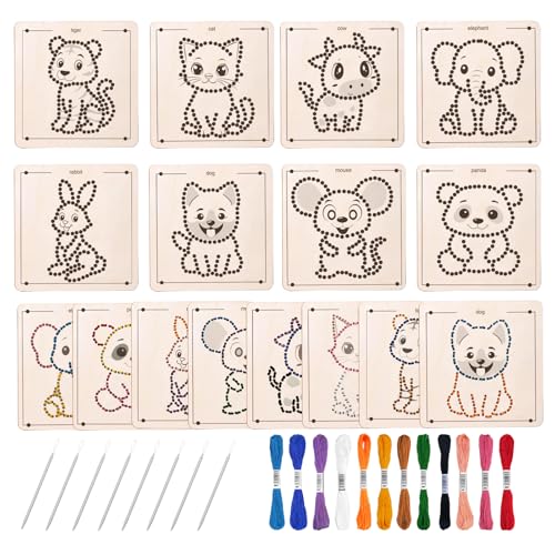Ukontagood 16 Pack Montessori Wooden Lacing Toys, Sewing Kit Fine Motor Skill Busy Board, Sewing Lacing Weaving Wooden Boards for Toddlers and Kids