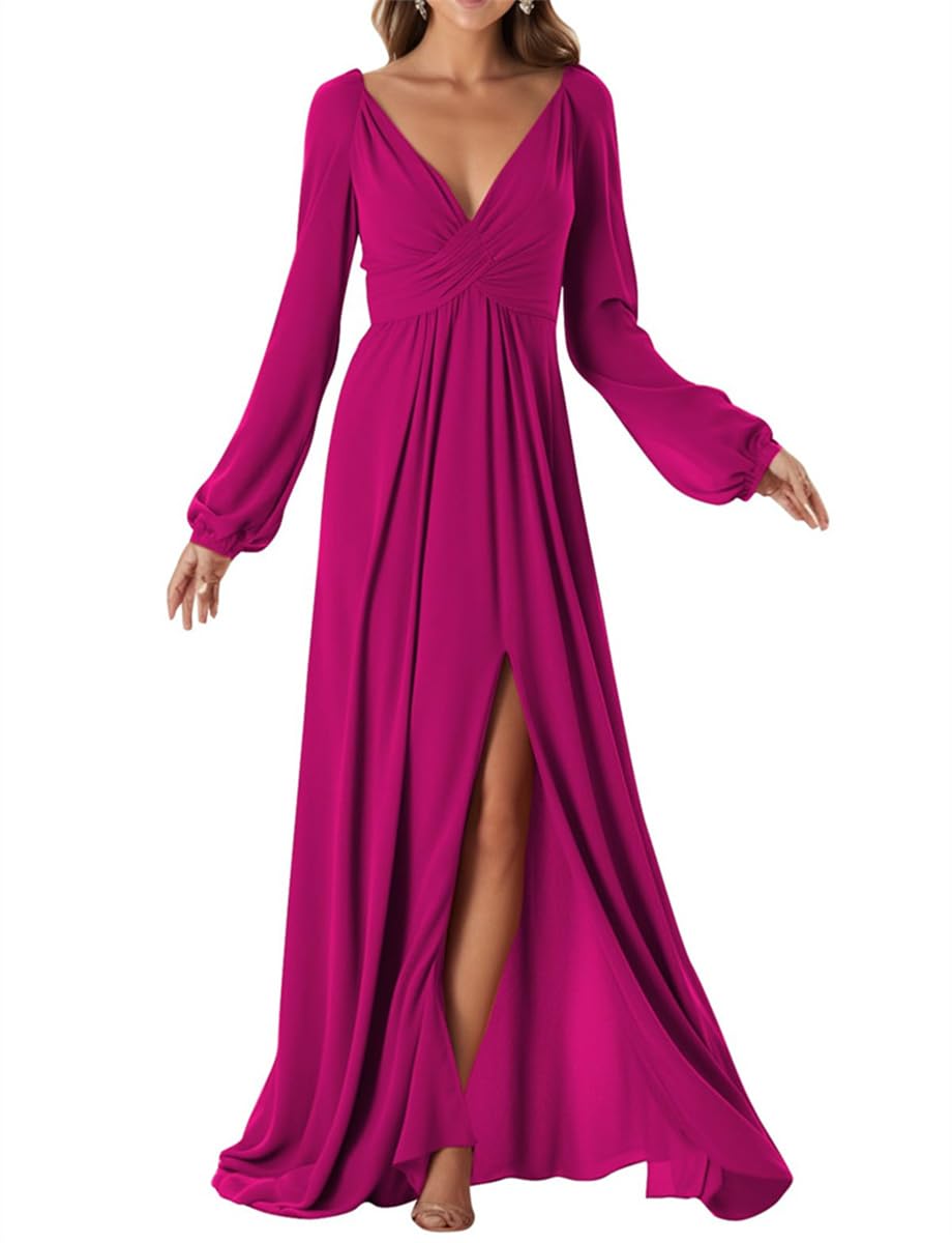 Wseyu Women's Hot Pink Full Sleeve Bridesmaid Dresses With Slit V Neck A-Line Chiffon Evening Party Gowns Plus Size Uk22