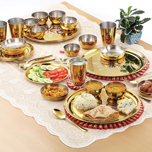 Image of iRiN by Dr.WaterR Parivar Stainless Steel Designer Dinner Set Gold PVD | Kitchen Set | Ideal for Home | Restaurant | Gifting | Wedding | Bowls, Plate, Glass, Spoon, Fork (Pack of 51pc - for 6Person)