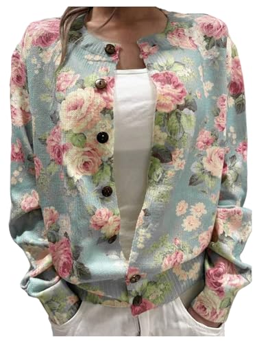 SOLY HUX Women's Floral Print Button Down Cardigan Sweater Long Sleeve Lightweight Fall Outerwear Outfits Green Floral Medium