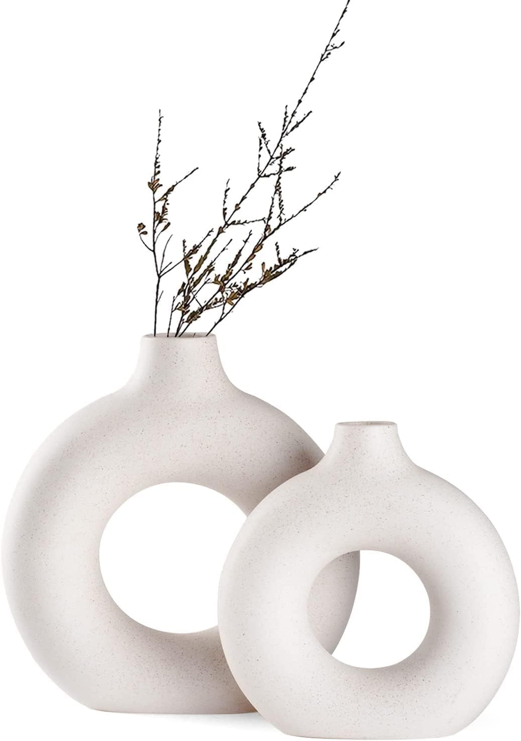 Ceramic Vases Set of 2, White Round Vase Rustic Home Decor，Round Matte Pampas Flower Vases Minimalist Nordic Boho Ins Style,Wedding Dinner Table Party Living Room Office Bedroom, Vase - Decorative