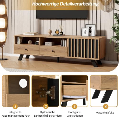 Merax TV Schrank, Lowboard für 60 Zoll Fernseher, Wohnzimmer Möbel aus Spanplatte mit Holzmaserung und Schwarz, 2 Schubladen, 1 Schrank, Kabelmanagement, für kleine Wohnungen